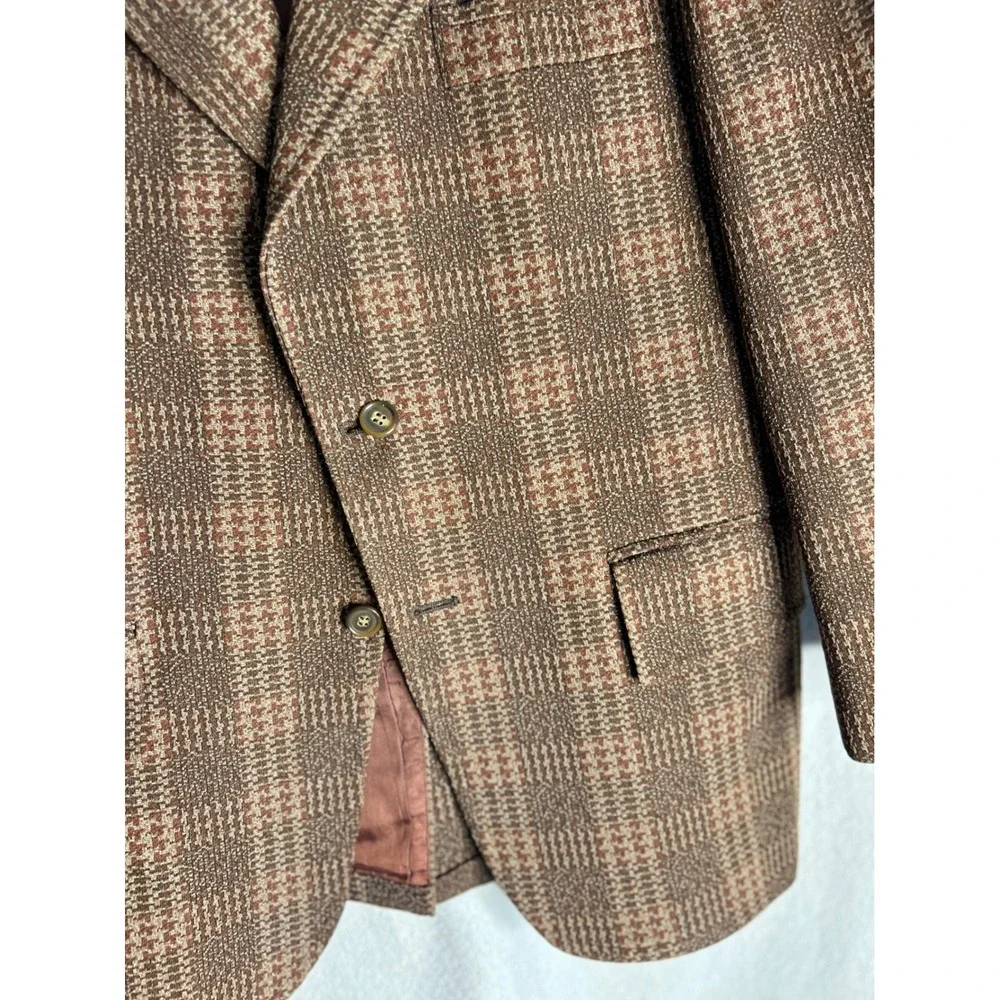 Oakmont Vintage Mens Brown Plaid Two Button Blazer Sport Coat size 44S see pics